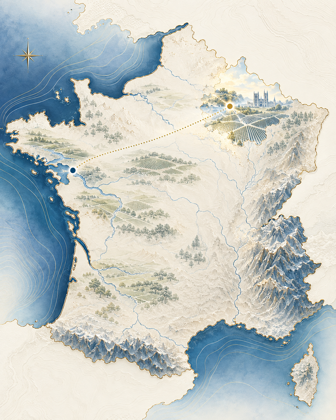 Carte illustrée situant la Champagne au nord-est de la France et la Loire-Atlantique sur la façade atlantique
