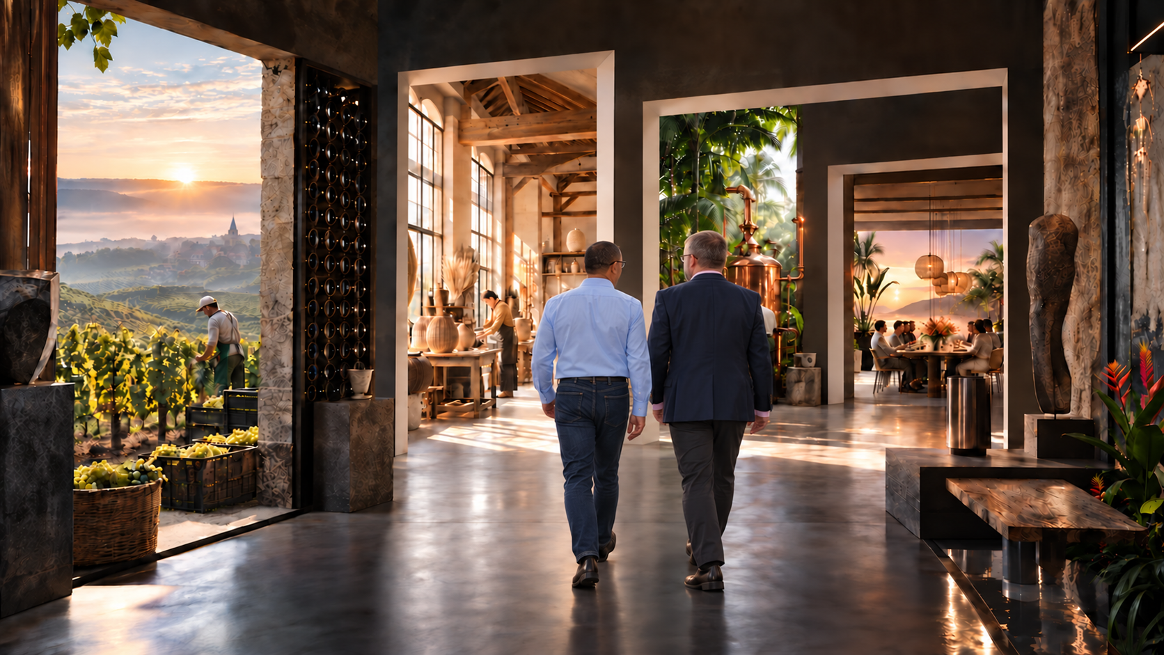 Évocation de Patrick et Dominique vus de dos, marchant vers quatre portes ouvertes sur les vignes, un atelier, les tropiques et une table conviviale